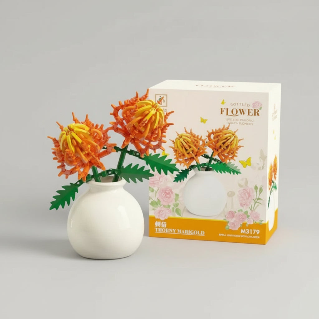 Orange building block chrysanthemum bouquet in a ceramic vase, an autumn office decor accent and everlasting spider mum craft