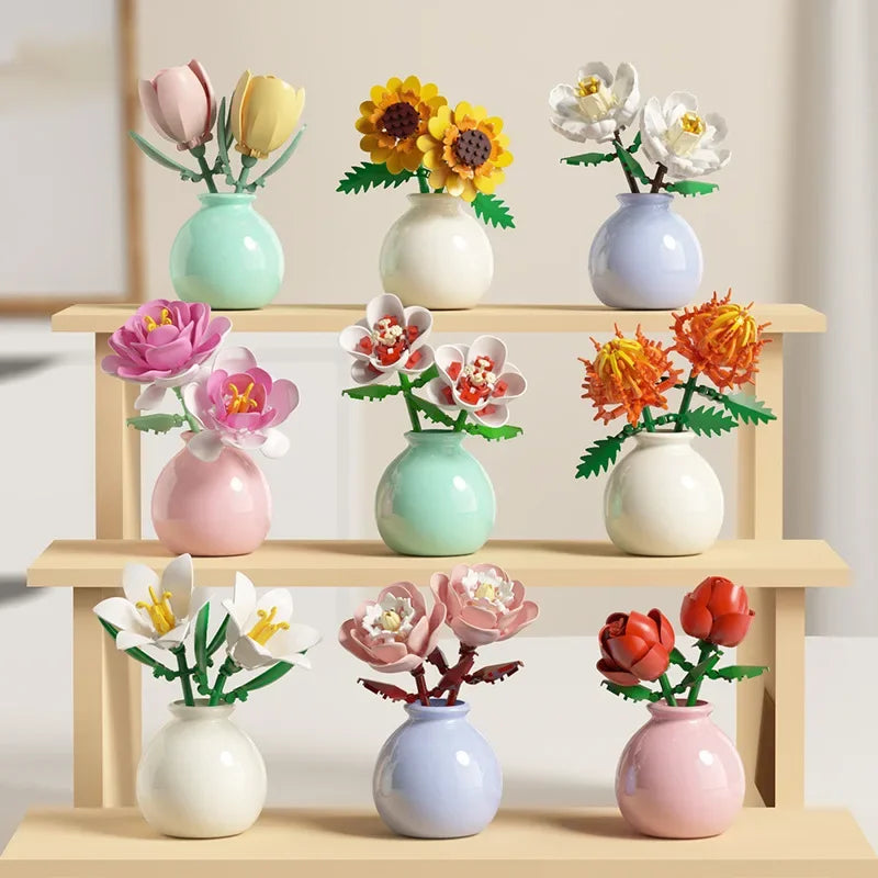 Building block flower collection with nine buildable blooms and mini vases, everlasting ABS botanical decor that never wilts