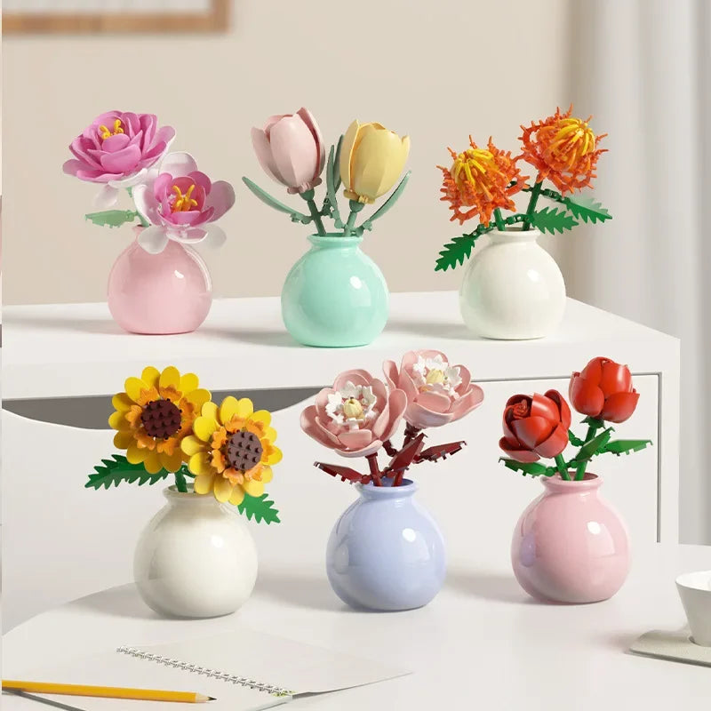 DIY buildable flower bouquet kit with assorted blooms and ceramic pots, a relaxing craft project and low maintenance desk decor