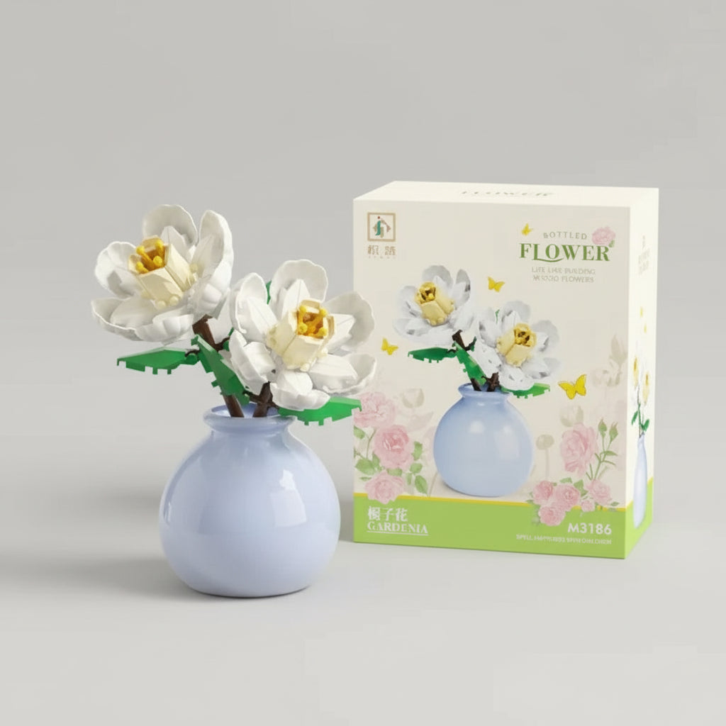 White building block gardenia bouquet in a lavender vase, an elegant bedroom decor accent and everlasting faux floral gift
