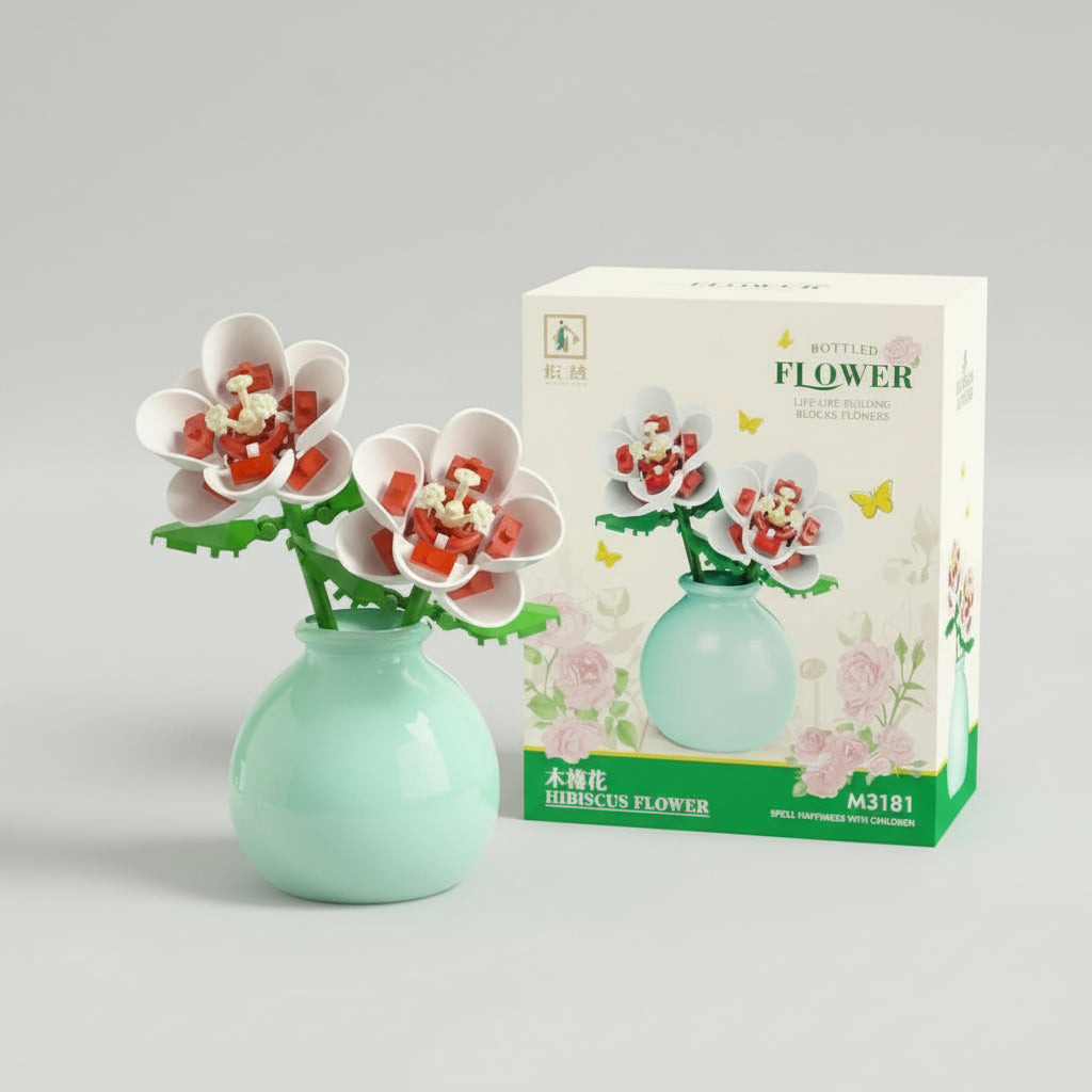 White and red building block hibiscus bouquet in a mint vase, a tropical home decor accent and calming everlasting craft build