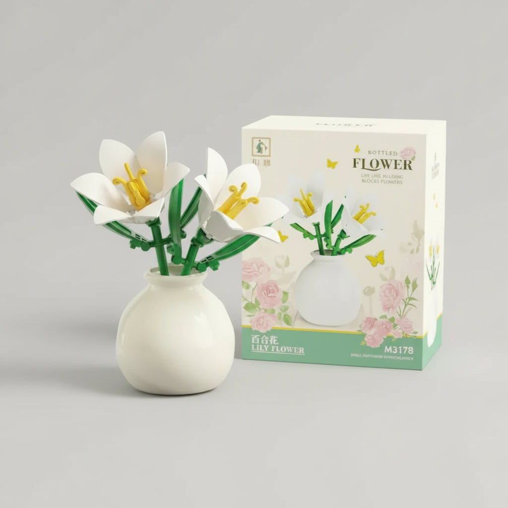 White building block lilies in a ceramic pot, a calming mindful building hobby and everlasting faux floral shelf accent