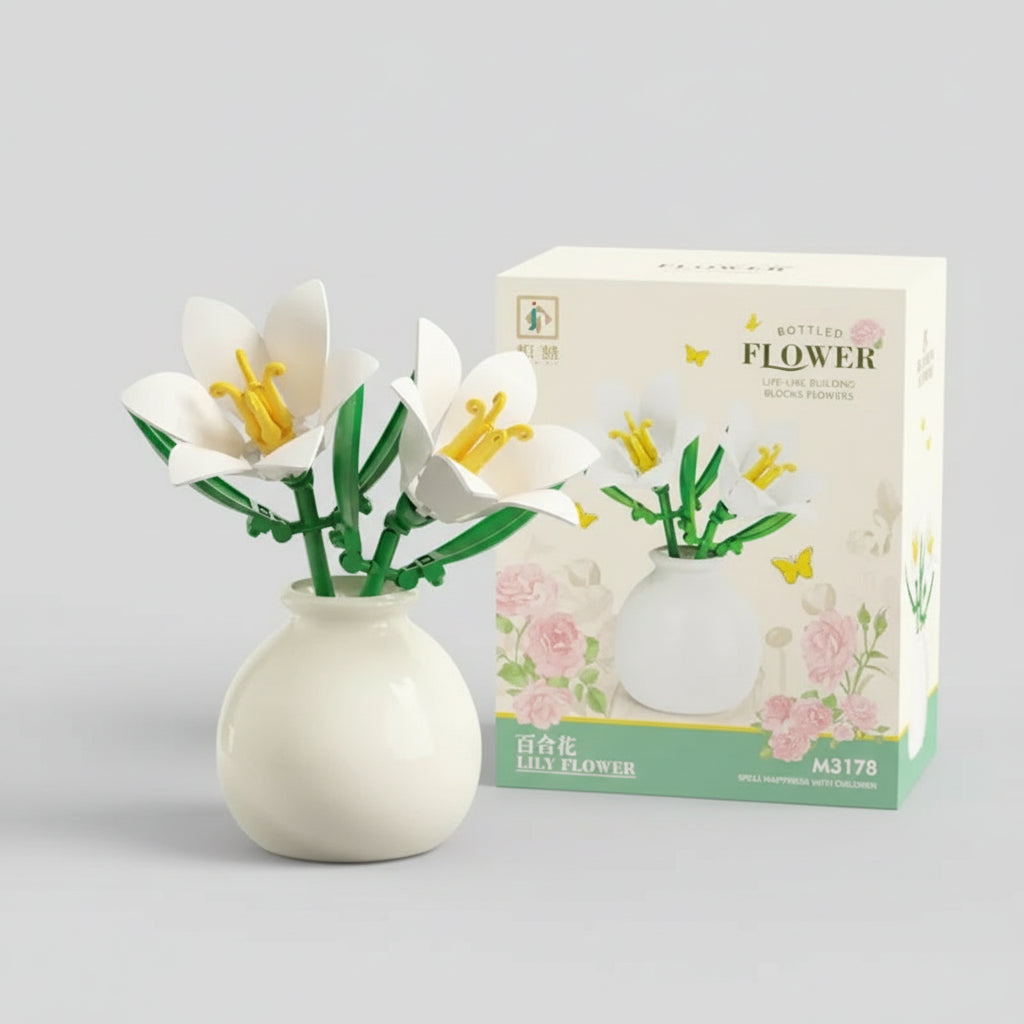 Elegant white lilies building block bouquet in a vase, an everlasting floral windowsill accent and a lasting flower gift set