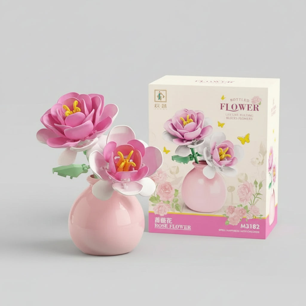 Pink building block rose flower bouquet in a ceramic vase, a Valentine desk accent and everlasting bloom that never needs water