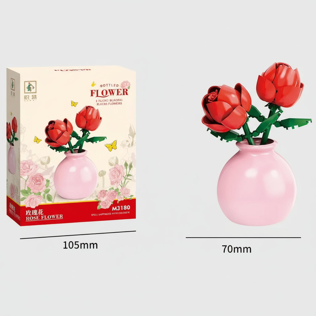 Red building block rose bouquet in a pink vase, a romantic anniversary flower gift and everlasting desk decor that never wilts