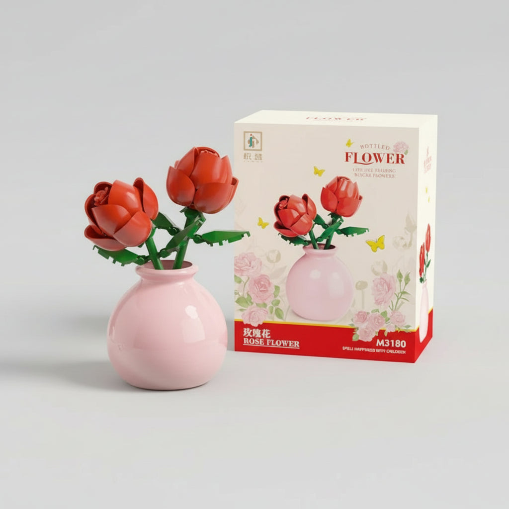 Building block red roses in a pink ceramic pot, an allergy free faux floral home accent and low maintenance rose display