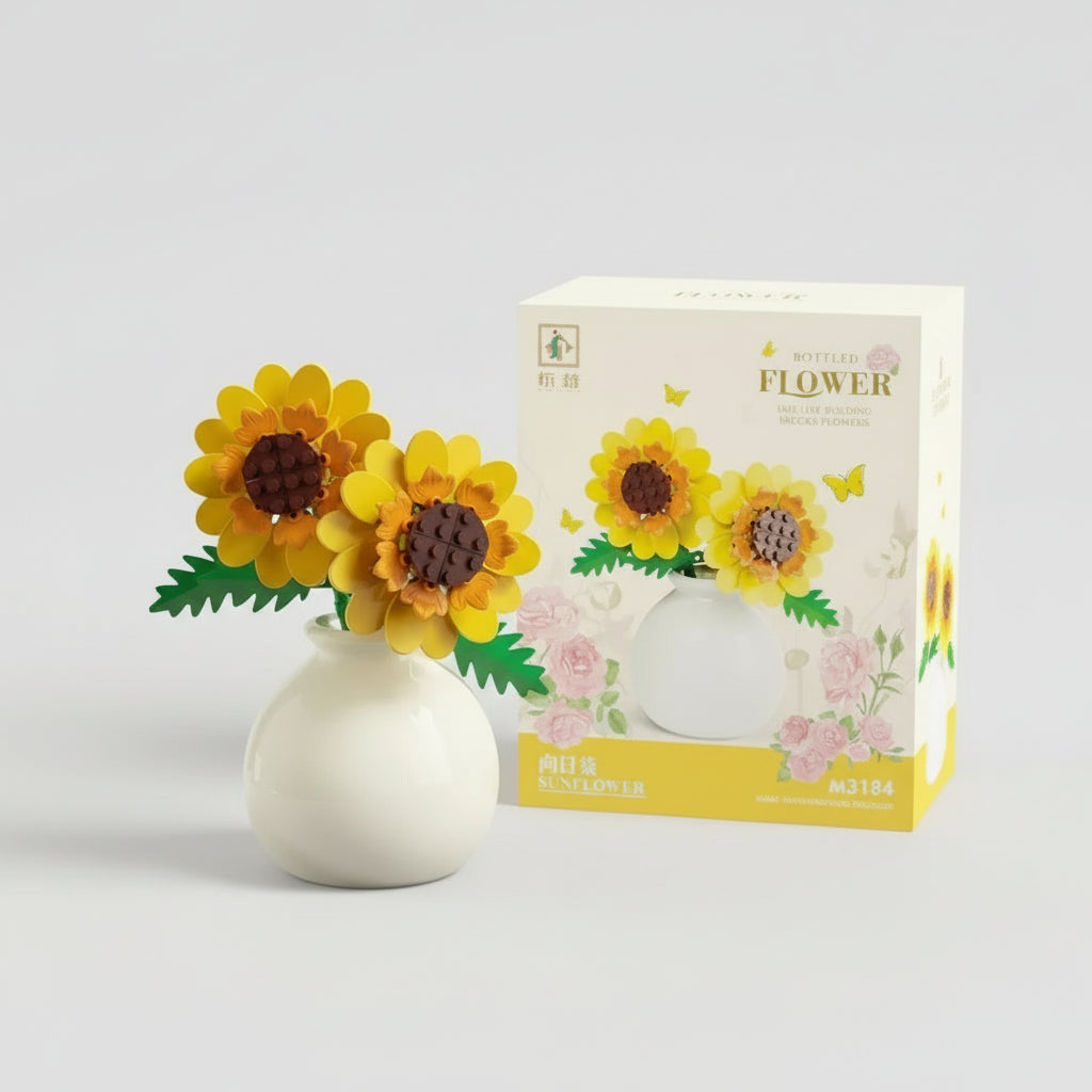 Cheerful building block sunflower bouquet in a ceramic vase, an everlasting home decor accent and a sunny lasting flower gift