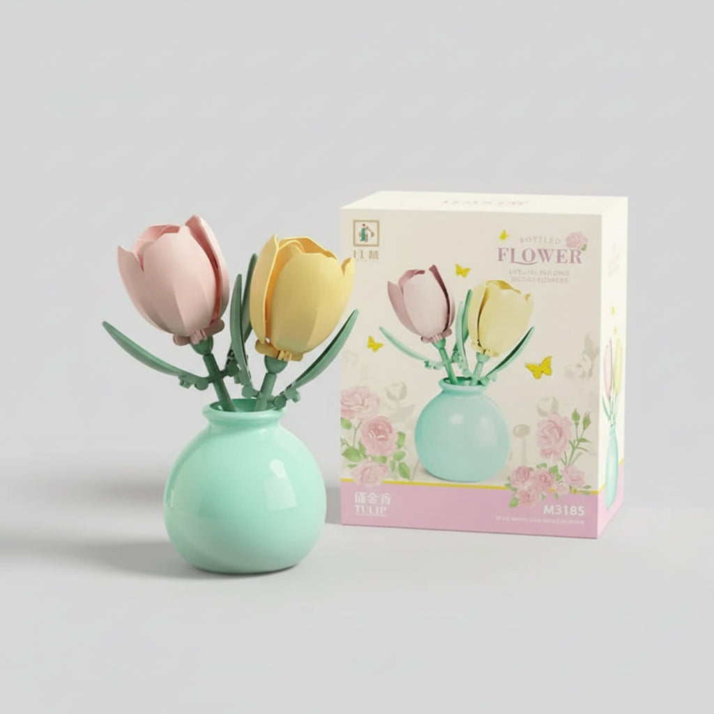 Pink and yellow building block tulip bouquet in a mint vase, a springtime desk accent and mindful faux floral craft kit