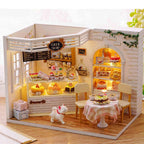 Miniature bakery dollhouse kit at 1:24 scale with LED lights and a music box, a cake shop diorama build for adults