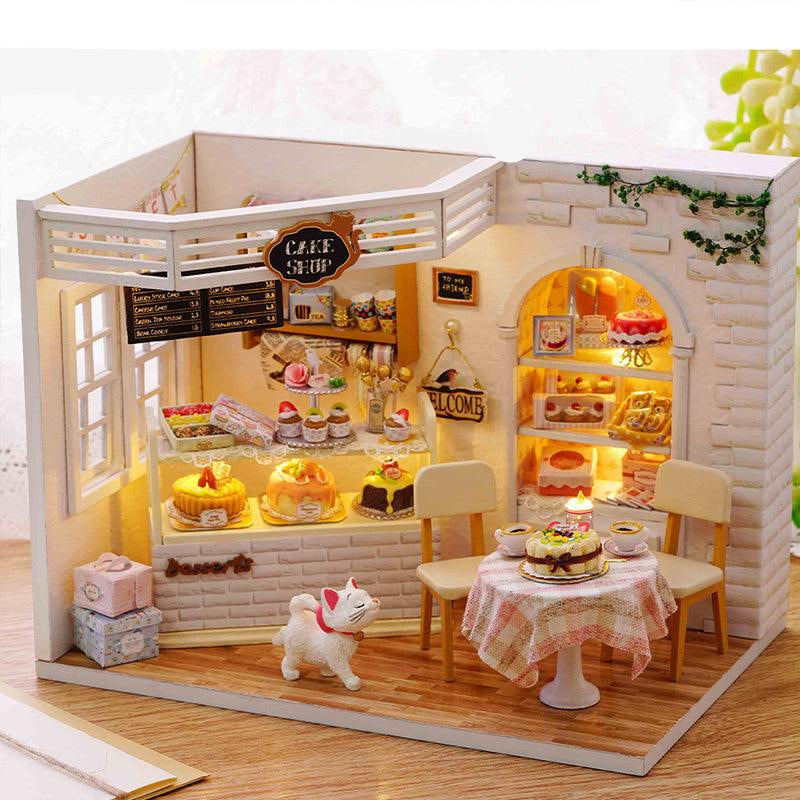 Miniature bakery dollhouse kit at 1:24 scale with LED lights and a music box, a cake shop diorama build for adults