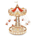 Carousel swing ride music box 3D wooden puzzle kit with LED lights and rotating flying chairs for desk decor