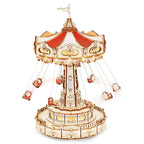 Carousel swing ride music box 3D wooden puzzle kit with LED lights and rotating flying chairs for desk decor