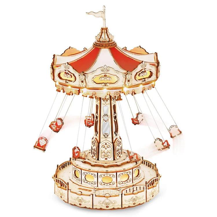 Carousel swing ride music box 3D wooden puzzle kit with LED lights and rotating flying chairs for desk decor