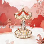 Assembled wooden carousel with a six sided mirrored pillar that reflects warm LED light across the display