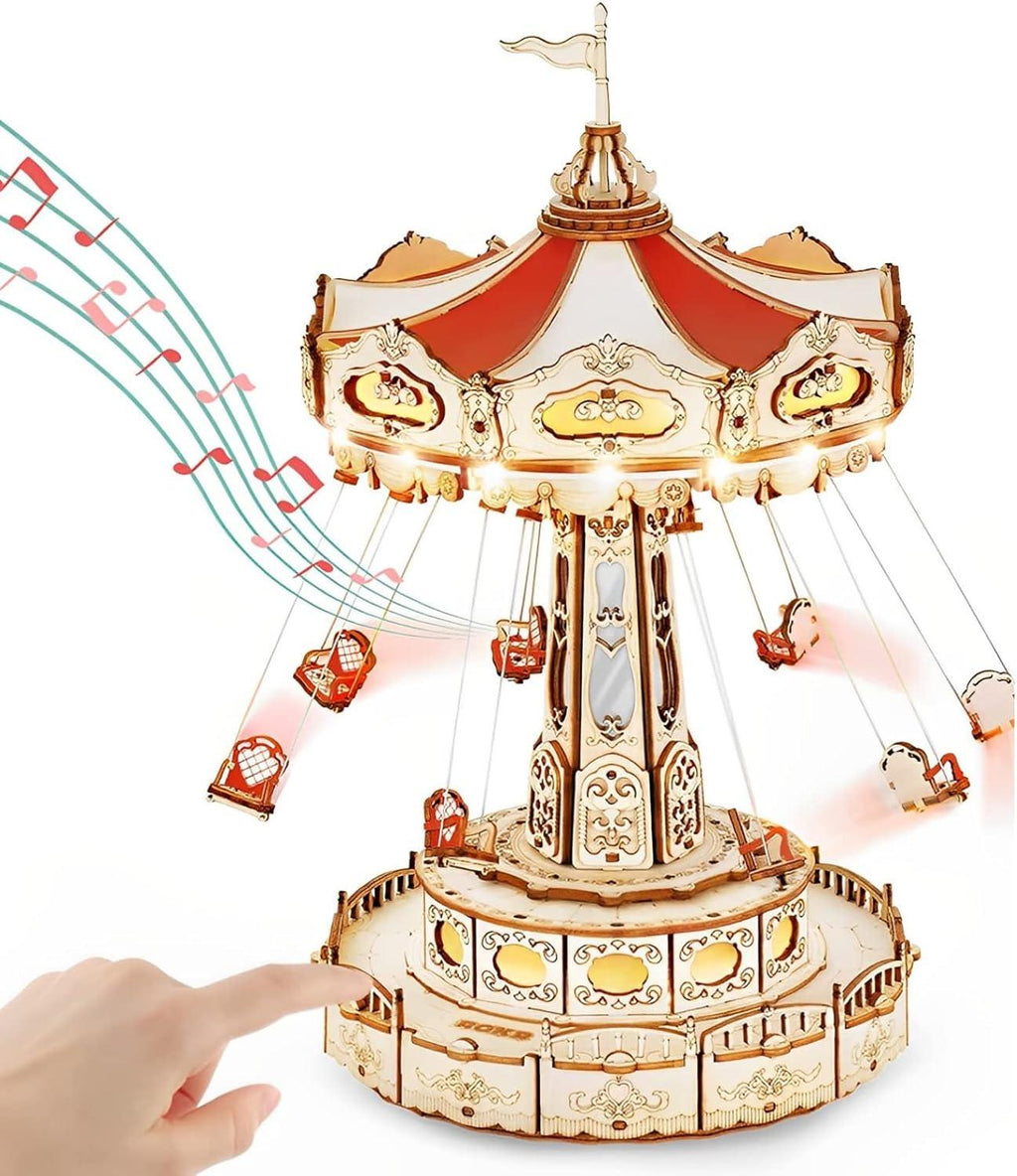 Touch activated wooden music box carousel that starts the lights, motion, and melody from one hidden switch