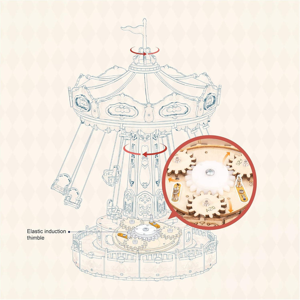 Retro amusement park carousel music box in laser cut wood, a rotating lit model for home and office desk decor