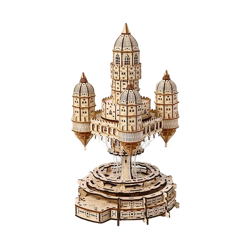 Celestia Castle 3D wooden puzzle music box with LED lights and a rotating motorized base for adult model builders
