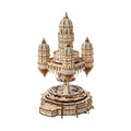 Celestia Castle 3D wooden puzzle music box with LED lights and a rotating motorized base for adult model builders