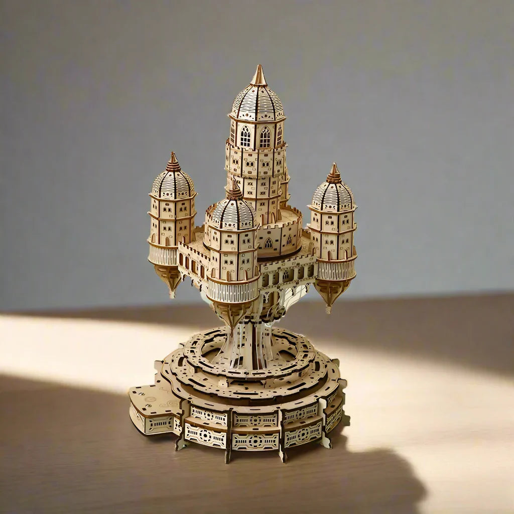 Motorized rotating castle music box wooden puzzle kit with domed towers and touch controls for adult hobby builders