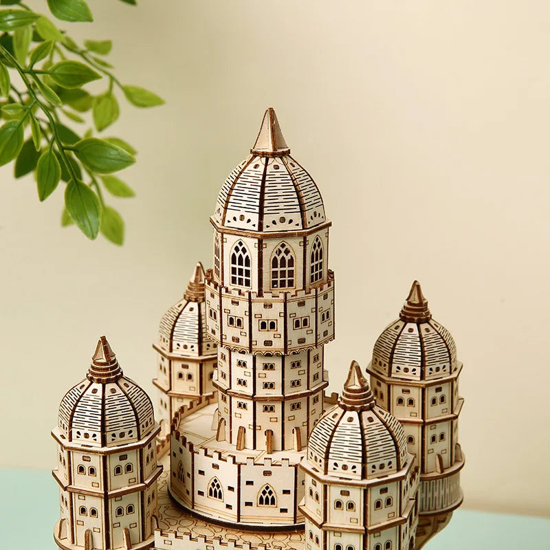 Renaissance castle wooden puzzle with detailed Gothic towers and domes as a 521 piece build for adult model makers