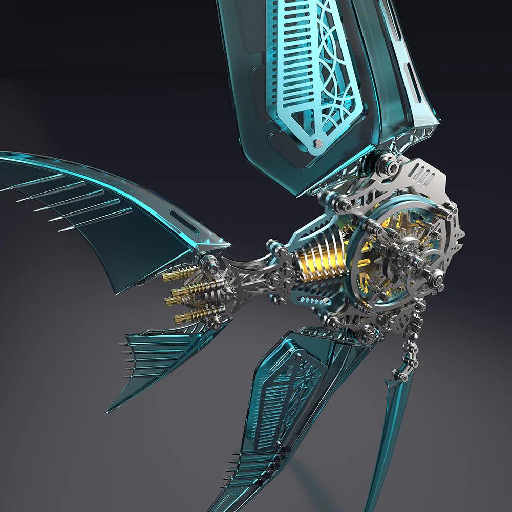 Blue winged angelfish model interior mechanism with brass gears and 500 precision stainless steel interlocking parts. Blue