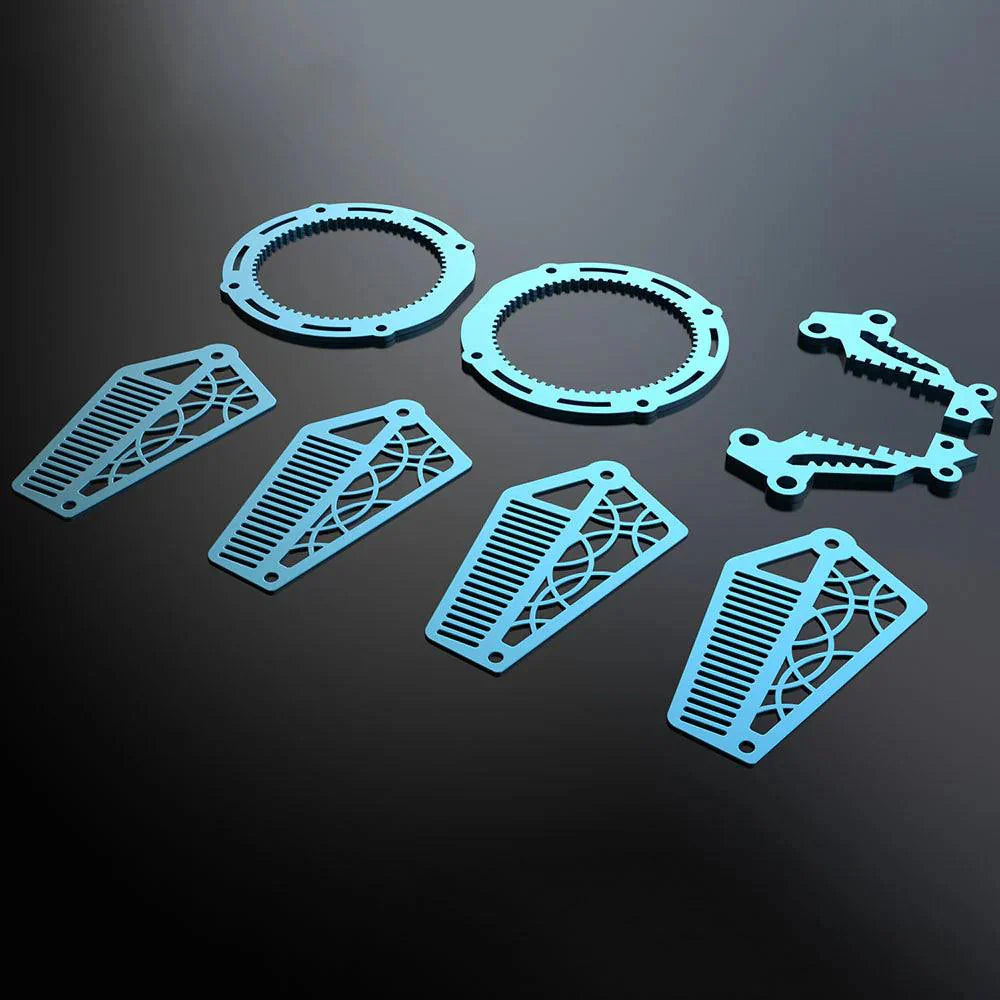 Blue translucent wing panels and metal frame parts included in the 500 piece angelfish stainless steel assembly kit. Blue