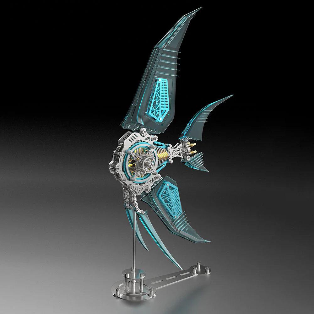 Aqua blue winged angelfish 3D metal puzzle model finished on its display stand, a 500 piece stainless steel desk sculpture. Blue