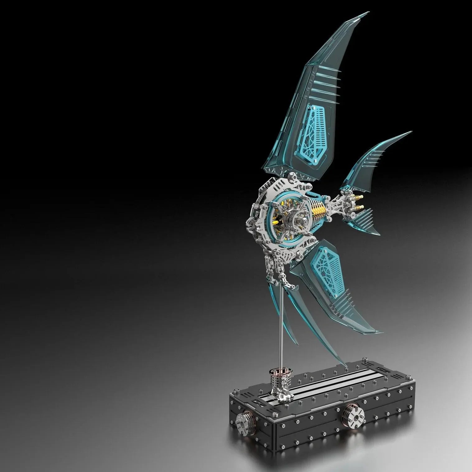 Blue translucent angelfish metal model kit, a 500 piece no glue build and display sculpture gift for model collectors. Blue