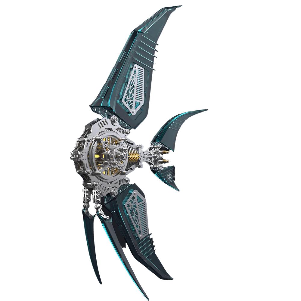 Aqua blue angelfish metal model kit with symmetric translucent fins, a 500 piece interlocking build for shelf decor. Blue