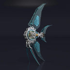 Aqua blue translucent winged angelfish metal model that catches light, a 500 piece stainless steel sculpture for desks. Blue