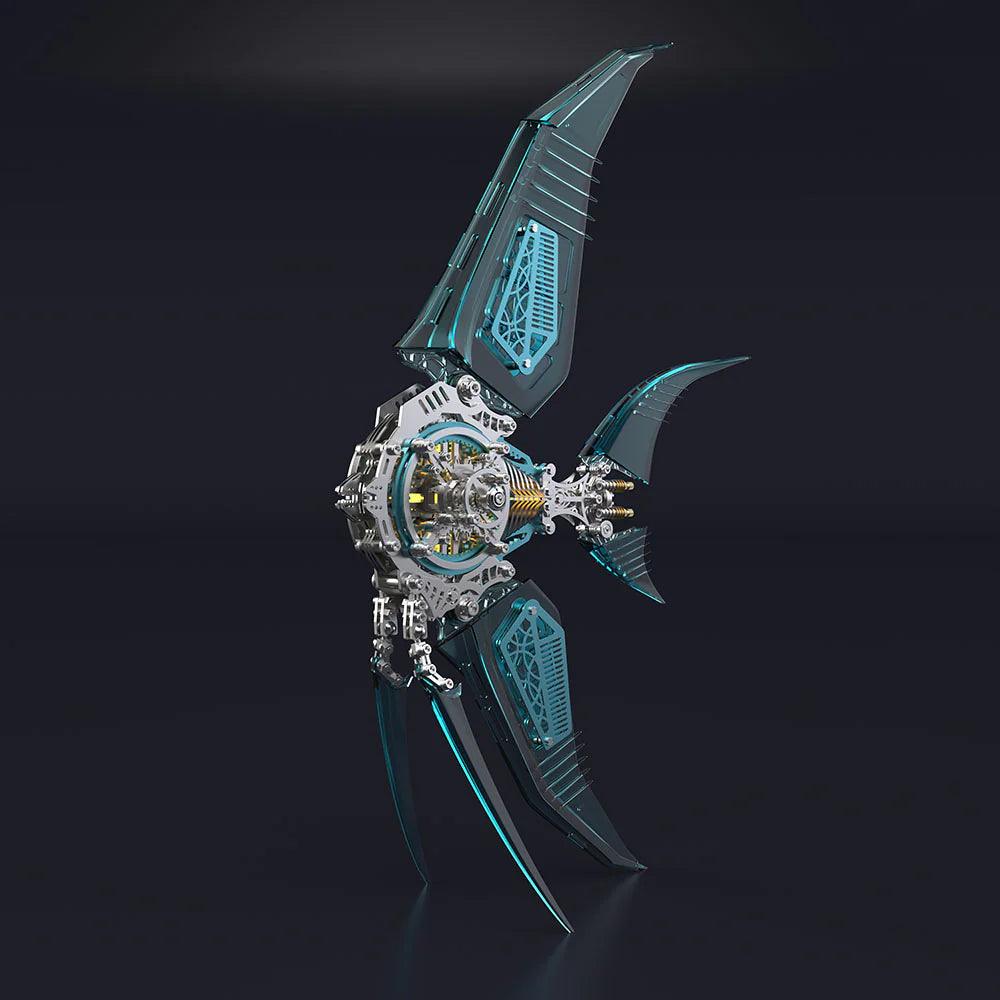 Aqua blue translucent winged angelfish metal model that catches light, a 500 piece stainless steel sculpture for desks. Blue