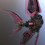 Red angelfish metal model core with visible gears and springs, a 500 piece engineering sculpture for adult builders. Red