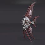 Crimson red angelfish metal model sculpture as a shelf and cabinet showpiece built from 500 interlocking stainless steel parts. Red