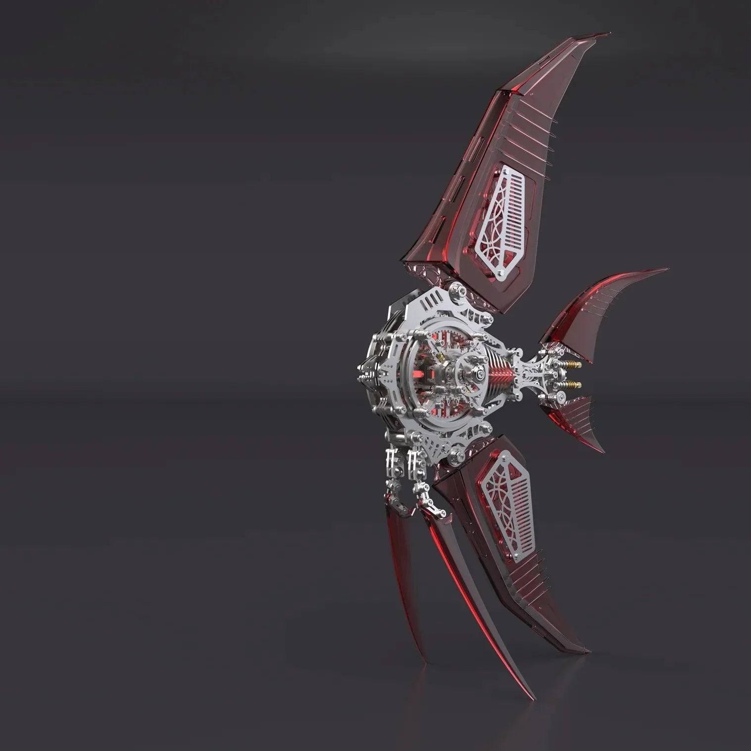 Crimson red angelfish metal model sculpture as a shelf and cabinet showpiece built from 500 interlocking stainless steel parts. Red