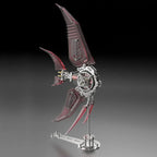 Red winged mechanical angelfish model made of 500 stainless steel pieces that interlock without glue for a desk display. Red