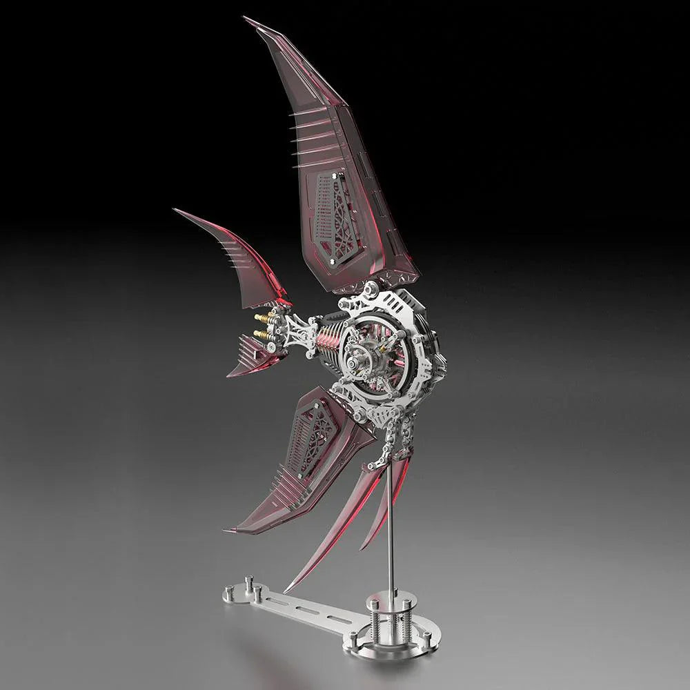Red winged mechanical angelfish model made of 500 stainless steel pieces that interlock without glue for a desk display. Red