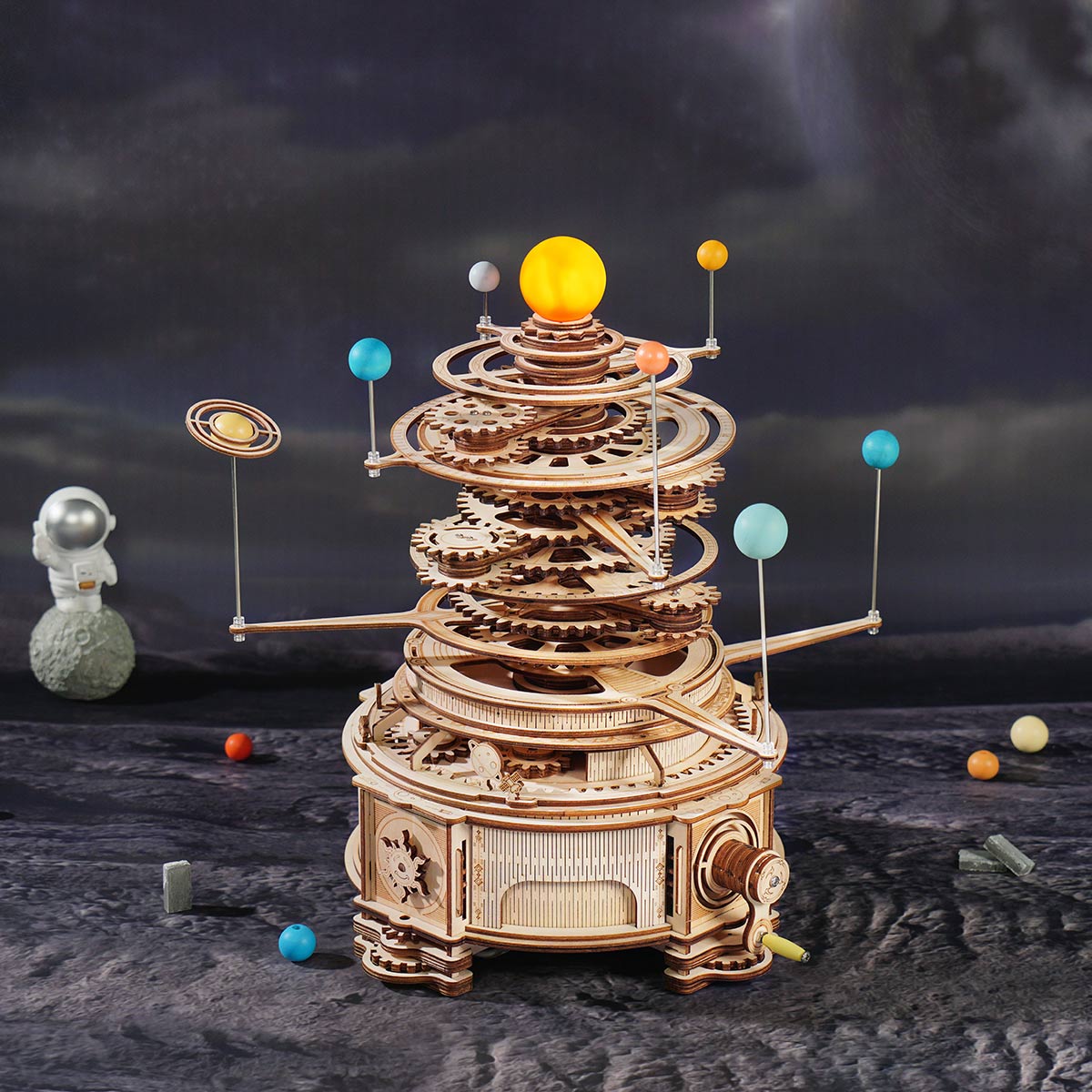 Mechanical orrery kit building a wooden solar system model with eight orbiting planets, a striking astronomy desk display Deluxe Wooden Orbital Precision Wooden Classic