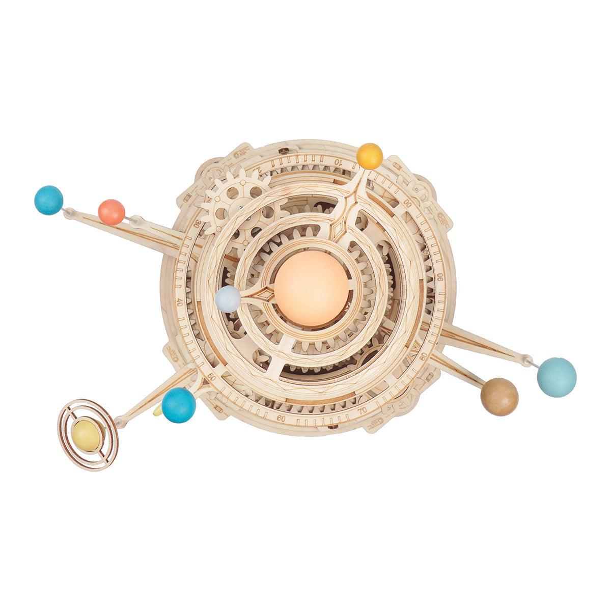 Wooden orrery seen from above with planets circling the sun, a kinetic solar system model and study desk decor Deluxe Wooden Orbital Precision Wooden Classic