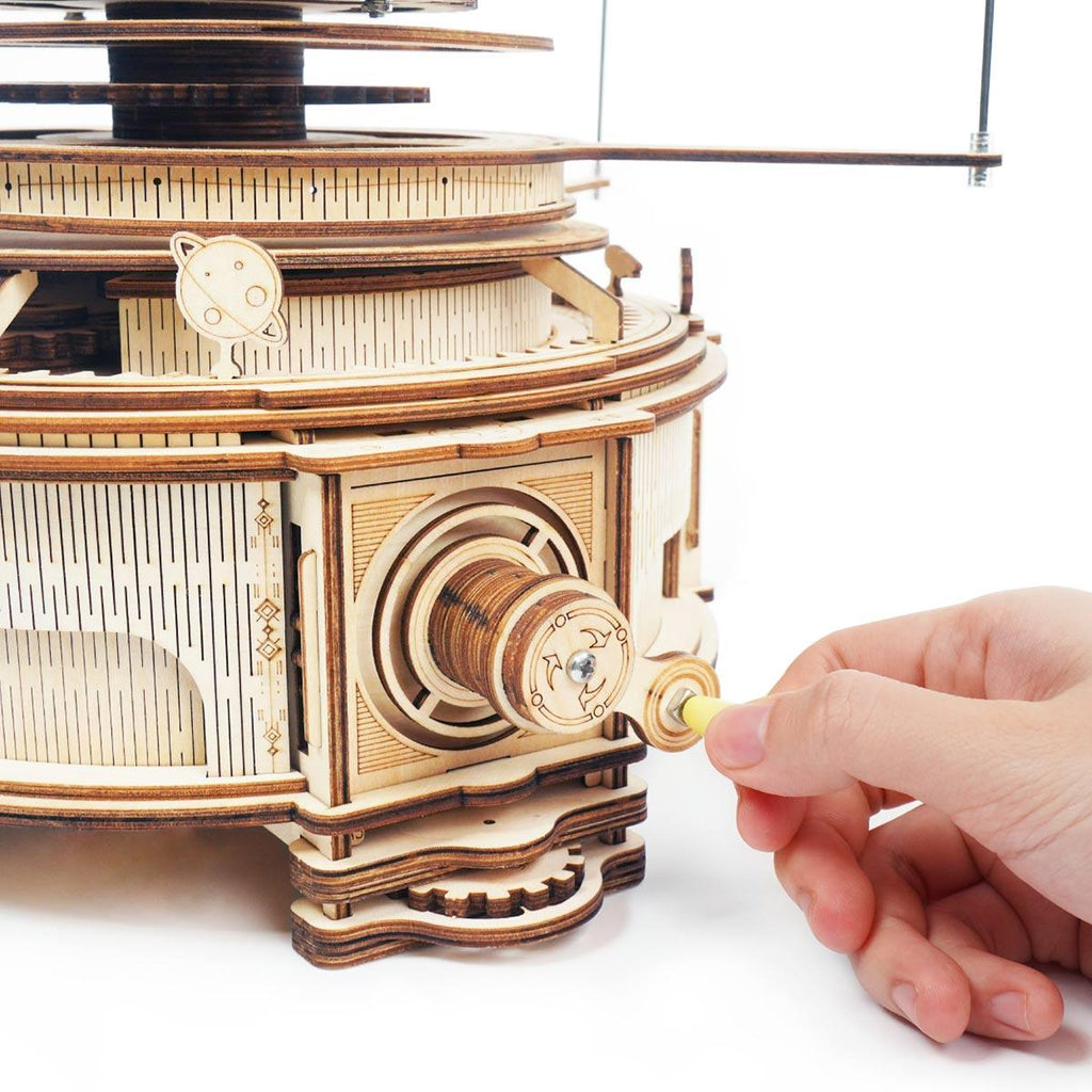 Turn the hand crank to spin all eight planets on this wooden orrery, a no batteries 3D astronomy learning model Deluxe Wooden Orbital Precision Wooden Classic