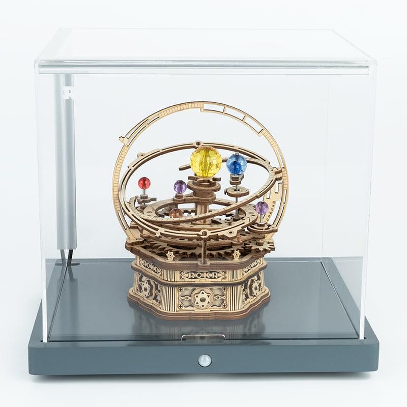 Hand-crank wooden orrery solar system model shown under a display case, a kinetic astronomy gift for teens and adults Deluxe Wooden Orbital Precision Wooden Classic