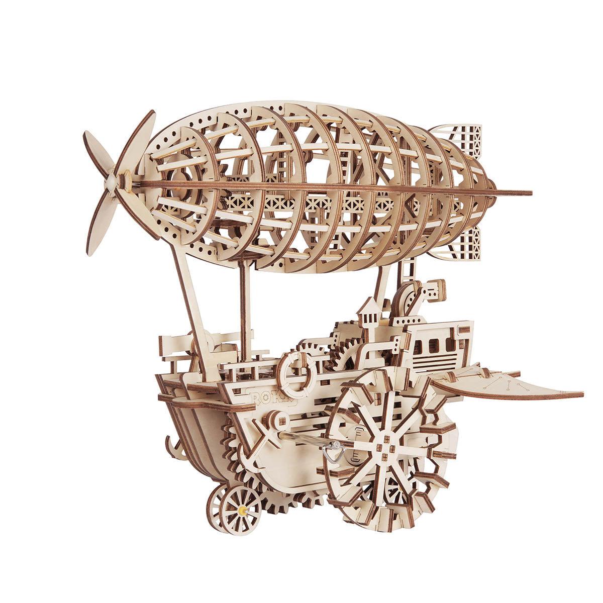 Steampunk airship wooden model kit with wind-up gears and spinning propellers for adult builders and desk decor