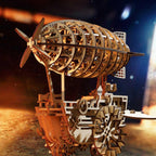 Over 11 inch mechanical airship model with exposed wooden skeleton, a Victorian steampunk centerpiece for a shelf
