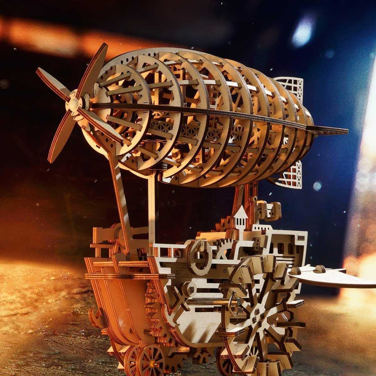 Over 11 inch mechanical airship model with exposed wooden skeleton, a Victorian steampunk centerpiece for a shelf