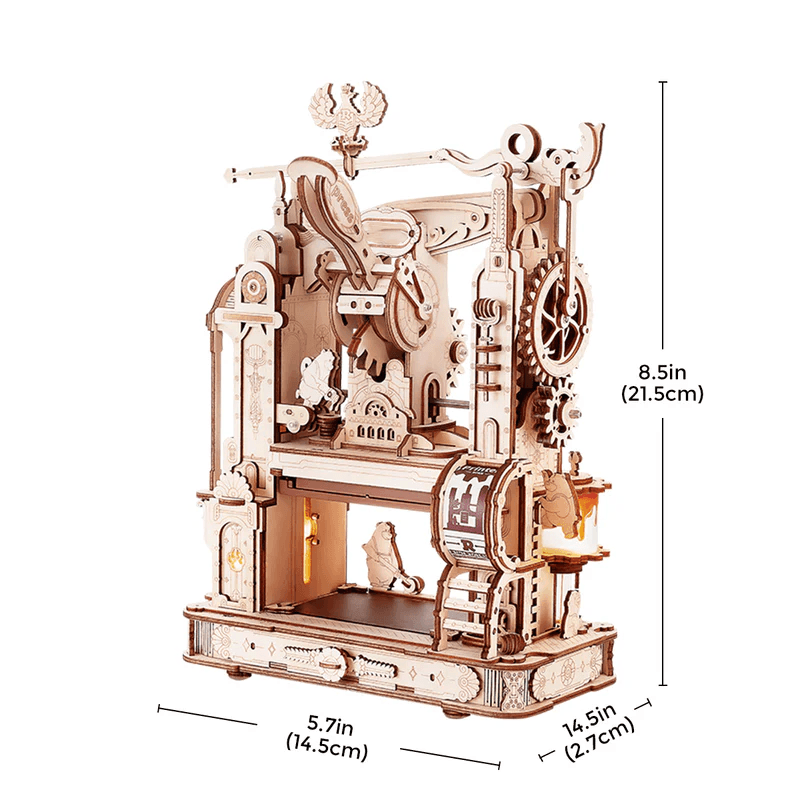 Compact desktop letterpress model kit standing about 21 cm tall, a mechanical wooden press for desk display and STEM fans