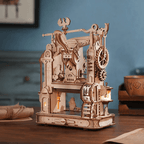 Assembled wooden printing press with warm LED workshop lights as a mechanical desk display and thoughtful hobby gift for adults