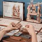 Glue-free 300 piece wooden model kit assembling into a working printing press, a hands-on STEM building project and gift idea