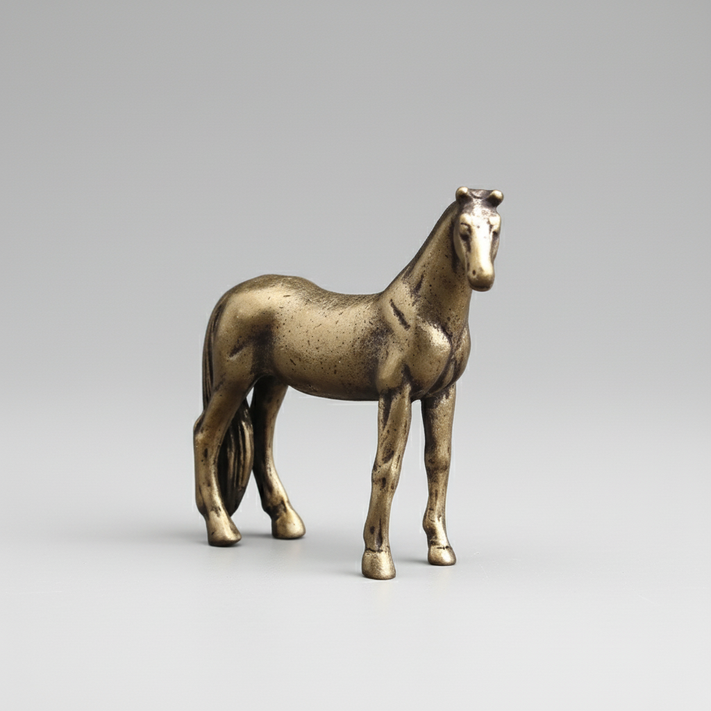 Solid copper horse figurine with an antique bronze patina, a zodiac miniature statue for desk decor and feng shui display