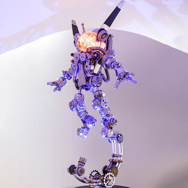 3D metal astronaut rabbit model kit with glowing LED lights on a display base, a steampunk cyberpunk desk collectible With Base