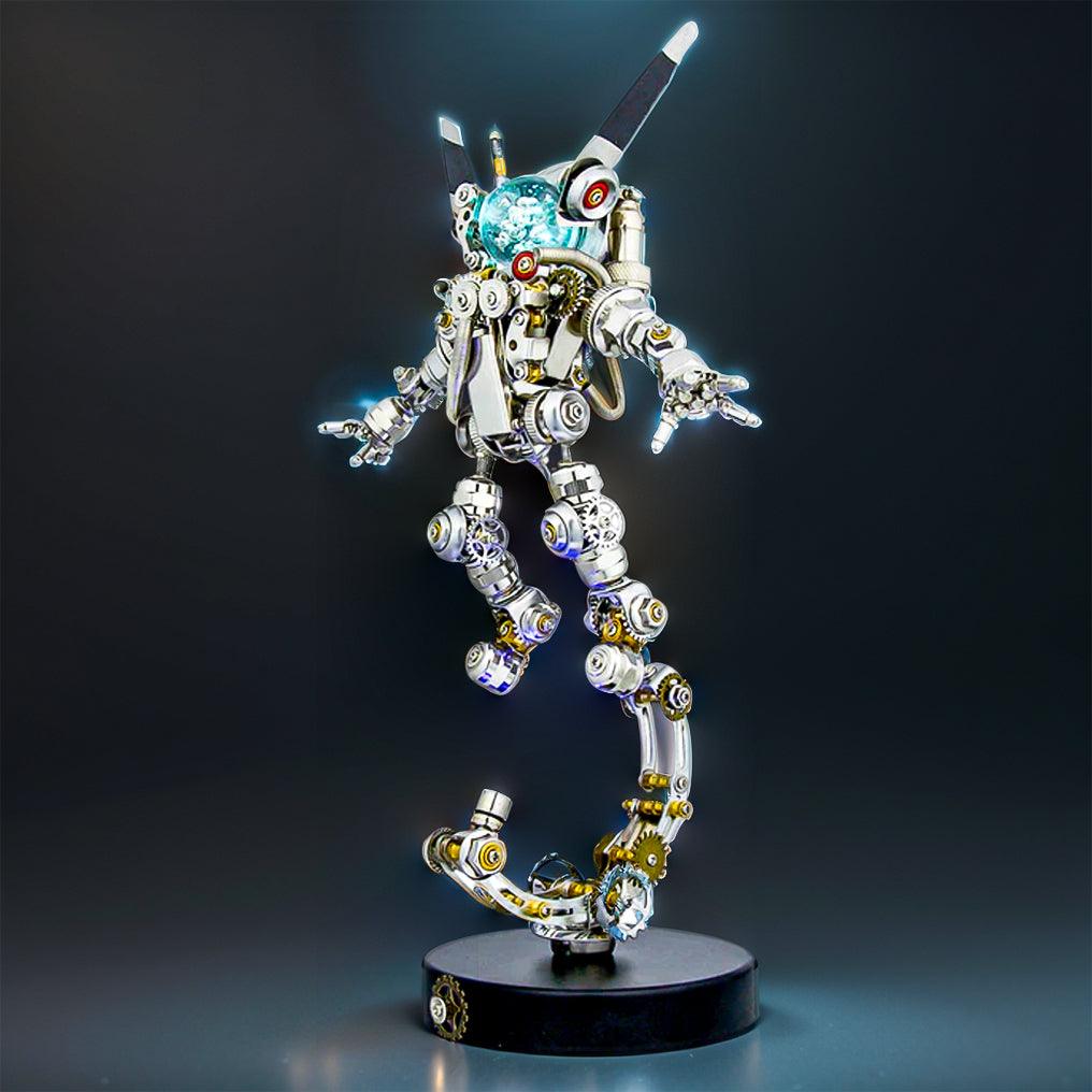 Steampunk metal rabbit sculpture with detailed gears and rivets, a 500 piece cyberpunk model kit for adult builders Without Base