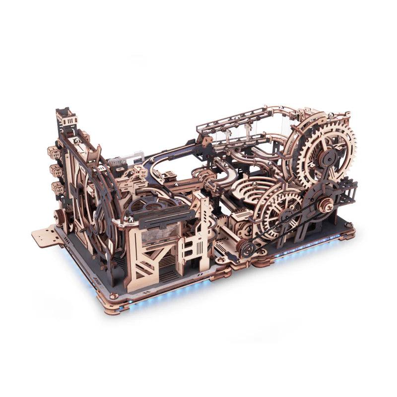 Wooden marble run with a vertical lift and spiral acceleration track that works as a mechanical desk sculpture Marble Spaceport Combination Set